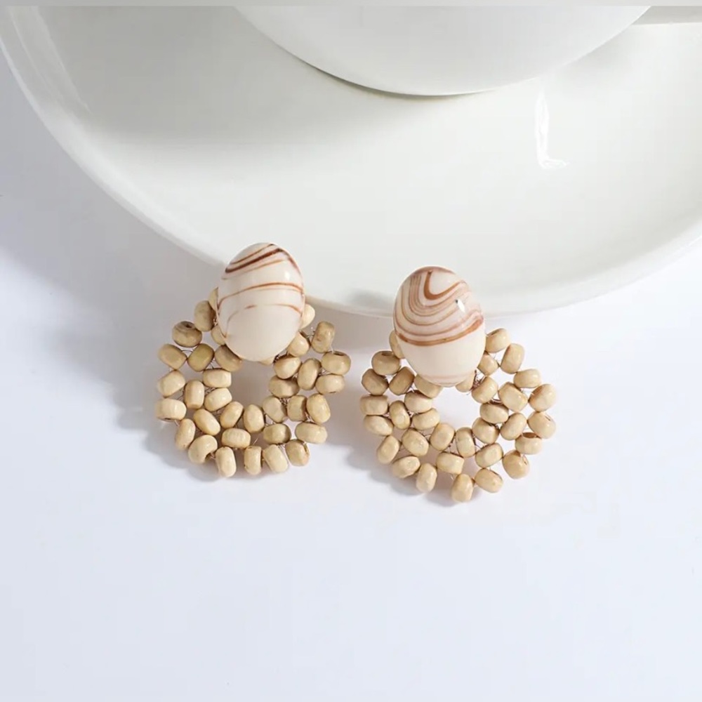 Wood Bead Boho Earrings with Gemstone